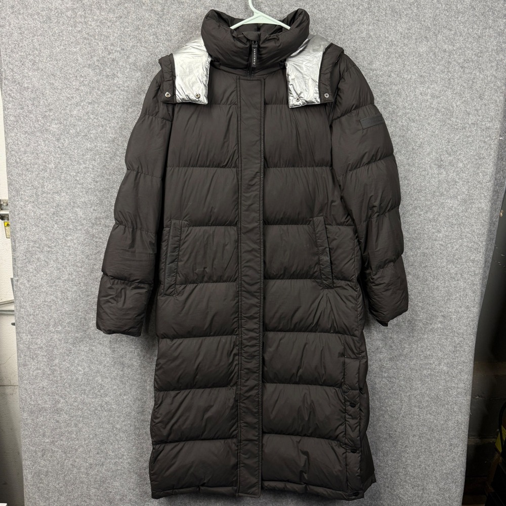 Sanctuary Women's Black Long‎ Puffer Coat Hooded Metallic Silver Lined M